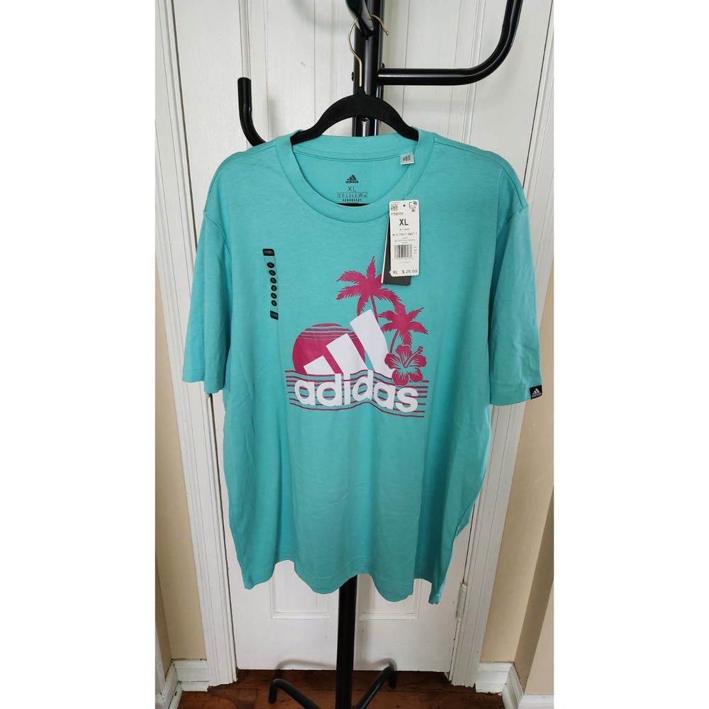 Adidas Shirt Men's XL Acid Mint Graphic Palms Short Sleeve AREOREADY